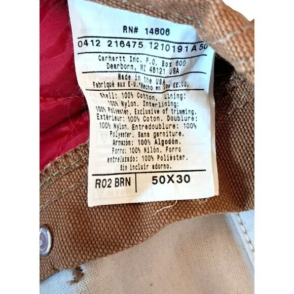 Carhartt Mens Brown Insulated Duck Bib Overalls Size 50 X 30 With Red Quilted Li - Picture 3 of 13